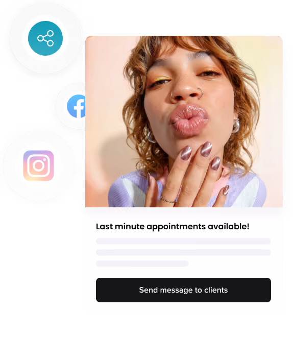 Profile of a woman with vibrant pink and blue hair with social media icons and a message button offering last minute appointments.