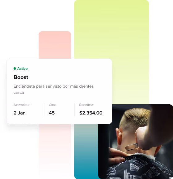 Dashboard card showing active Boost plan with 45 appointments and $2,354.00 benefit, alongside a barber cutting a man's hair.