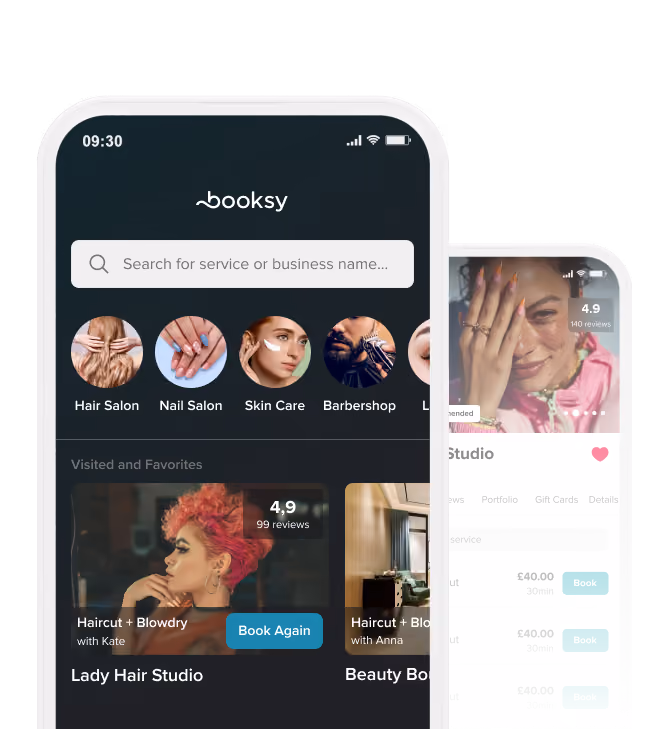Mobile app interface showing a search bar, category icons for salons and skincare, and favorite booked services with ratings and booking options.