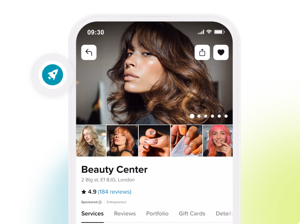 Mobile screen showing Eve Hair Studio profile with a close-up photo of a woman with wavy brown hair and blue eyes, a 4.9 rating from 140 reviews, and a Booksy Recommended badge.