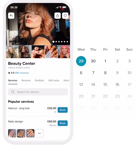 Mobile app screen for Eve Hair Studio showing services with prices and booking buttons, featuring a close-up portrait of a woman with light blue eyes and wavy brown hair, and a small calendar highlighting Wednesday the 29th.