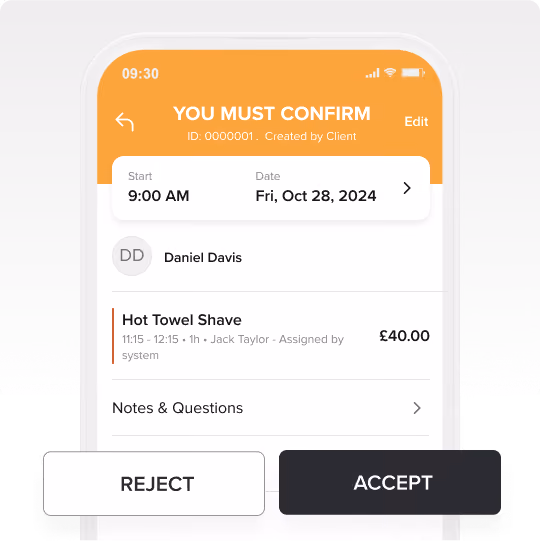 Mobile screen showing booking confirmation for a Hot Towel Shave appointment on October 28, 2024, with options to reject or accept.