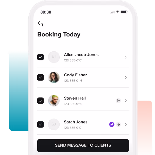 Mobile app screen showing a booking list with four clients, each with checkboxes, names, phone numbers, and icons, plus a black button labeled 'Send Message to Clients'.