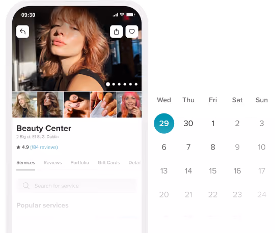 Mobile screen showing Eve Hair Studio booking with a portrait of a woman, rating 4.9 from 140 reviews, service list with prices and booking buttons, and a calendar highlighting Wednesday the 29th.