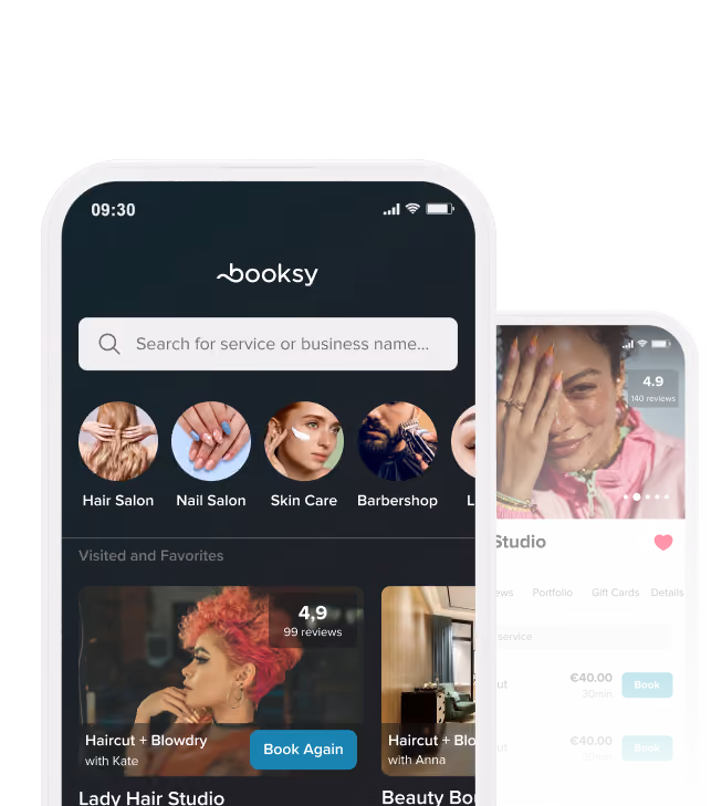 Mobile app interface showing a search bar for services, categories including Hair Salon, Nail Salon, Skin Care, and barbershop, and a section with visited favorites featuring a hair salon booking with ratings and book again option.
