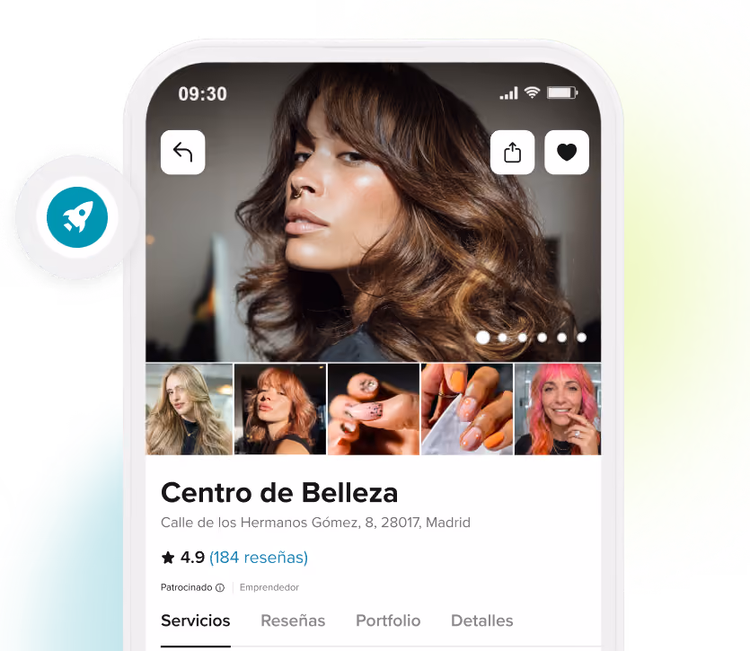 Pantalla móvil que muestra el perfil de Eve Hair Studio con una foto de cerca de una mujer con cabello corto y ondulado y ojos azules.