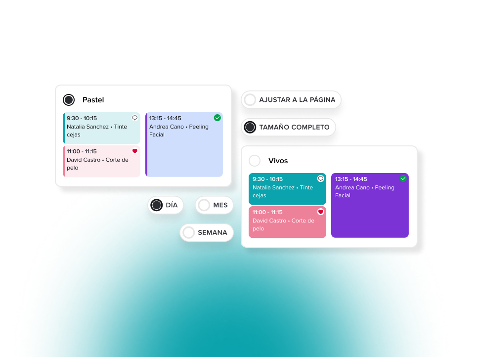 Dos vistas de calendario una al lado de la otra que muestran las citas de Natalia Sanchez, David Castro y Andrea Cano con franjas horarias, bloques de colores y opciones para cambiar los estilos de visualización y los marcos temporales.