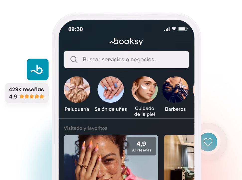 Interfaz de aplicación móvil para Booksy que muestra la barra de búsqueda y las categorías de servicios que incluyen peluquería, salón de uñas, cuidado de la piel y barbero.