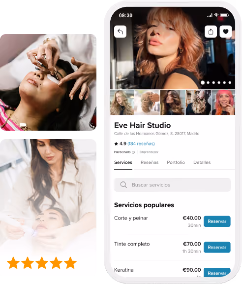 La pantalla de la aplicación móvil muestra los servicios de peluquería de Eve Hair Studio con precios y opciones de reserva, junto con imágenes de extensiones de pestañas y tratamientos faciales.