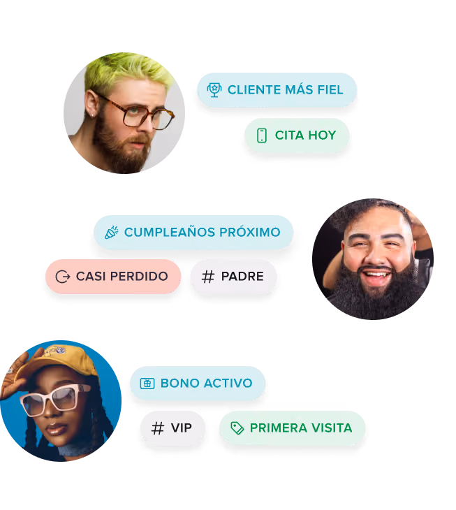 Collage de tres personas diferentes con cabello teñido y accesorios junto con coloridas etiquetas en español que describen los estados de los clientes como «Cliente más fiel», «Cita hoy», «Cumpleaños próximo», «Casi perdido», «Padre», «Bono activo», «VIP» y «Primera visita».