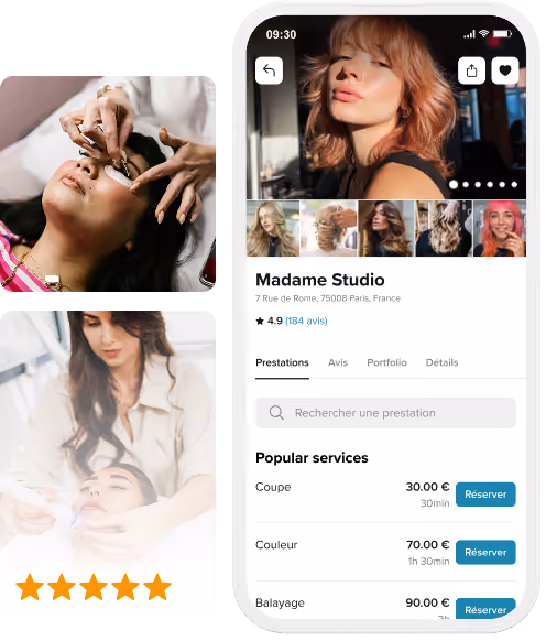 Écran mobile montrant le profil du salon de beauté Madame Studio avec les prix des services et les boutons de réservation, ainsi que des images d'une femme recevant des soins pour les cils et le visage.