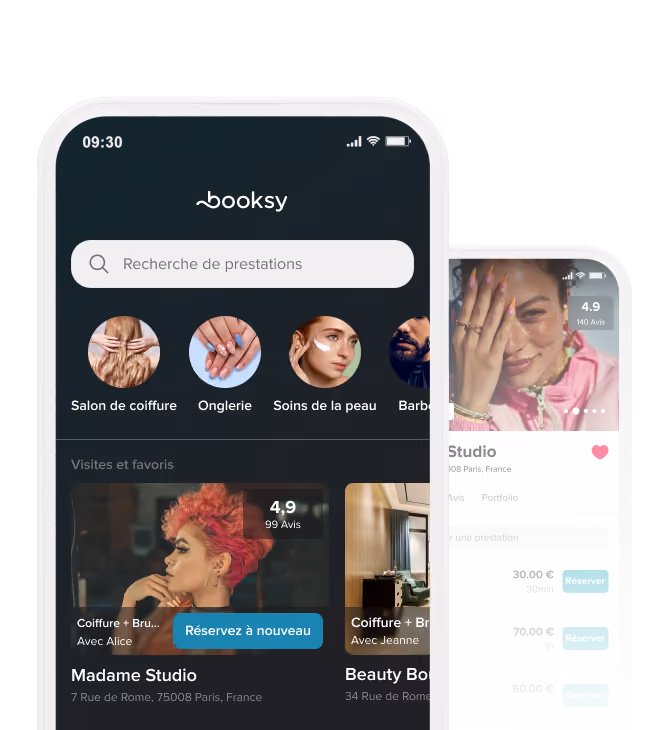 Deux écrans de smartphone affichant l'interface de l'application Booksy avec les catégories de services de coiffure et de beauté, la barre de recherche et les options de réservation.