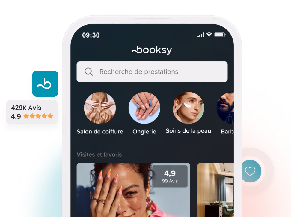 Interface de l'application Booksy affichant les catégories de services, notamment les salons de coiffure, les soins des ongles, les soins de la peau et les coiffeurs, avec une barre de recherche et des évaluations.