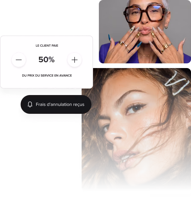 Collage avec un gros plan du visage d'une femme avec un fard à paupières doré, une main aux ongles décorés à l'aide d'un smartphone et une interface de paiement indiquant le prix du service à l'avance de 50 % avec notification des frais d'annulation en français.