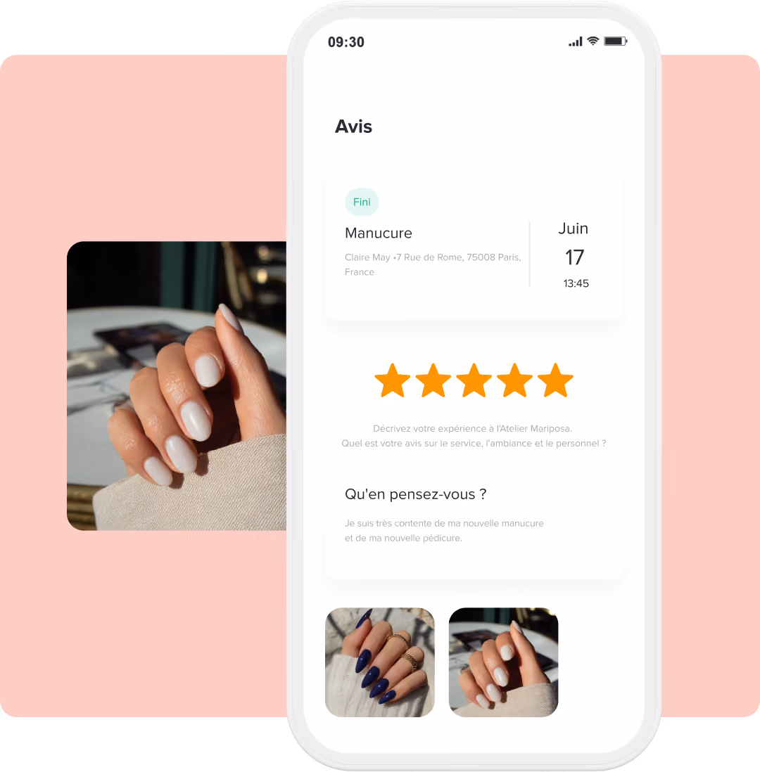 Écran mobile affichant une évaluation de la manucure avec une note de 5 étoiles, les détails du rendez-vous et des photos de mains manucurées avec des anneaux et du vernis à ongles à paillettes.