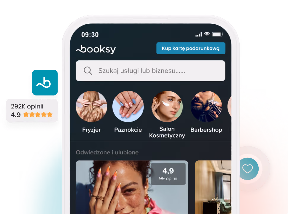 Interfejs aplikacji Booksy pokazujący pasek wyszukiwania usług lub firm oraz kategorie, takie jak fryzjer, paznokcie, salon piękności, i salon fryzjerski z ocenami użytkowników.