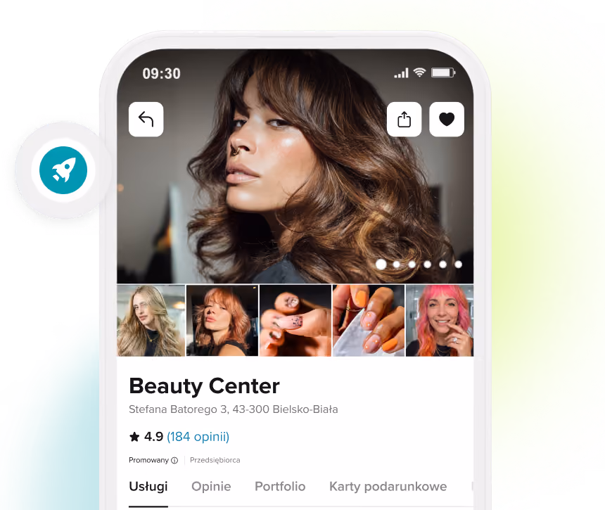 Ekran aplikacji mobilnej pokazujący profil salonu fryzjerskiego o nazwie Hair Me Up! ze zdjęciem kobiety o krótkich blond włosach, ocena 4,9 z 140 recenzji, oraz możliwościami rezerwacji damskiej fryzury za 130 zł.