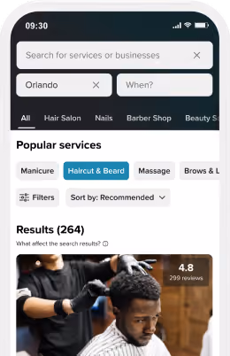 Mobile app screen showing search filters and a list of hair salons with ratings and reviews.