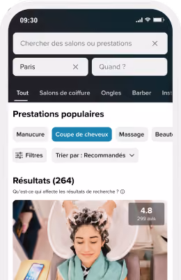 Interface d'application mobile affichant une barre de recherche et des filtres pour les services de salon de coiffure avec une image de salon en vedette et une note de 5,0 sur 280 avis.