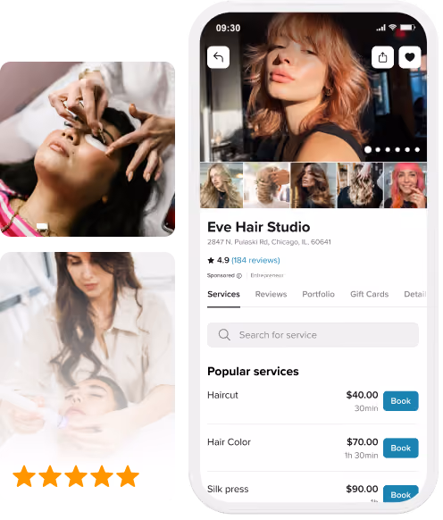 Mobile app interface for Eve Hair Studio showing service options and prices, alongside images of women receiving facial and eyebrow treatments.