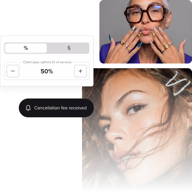 Collage showing hands with decorated nails using a smartphone, a young woman with dark eye makeup, and a graphic showing a 50% client upfront payment with a notification about a cancellation fee received.
