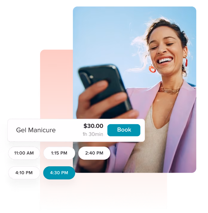 Woman in pink jacket holding a smartphone with a booking interface for a $100 gel manicure appointment displayed.