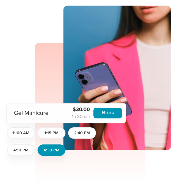 Woman in pink jacket holding a smartphone with a booking interface for a $100 gel manicure appointment displayed.