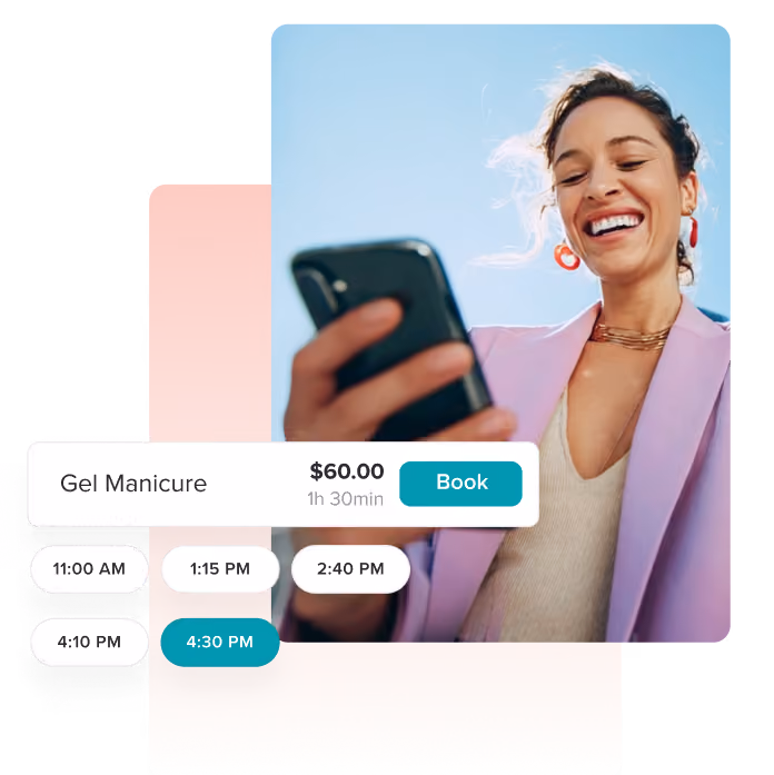 Woman in pink jacket holding a smartphone with a booking interface for a $100 gel manicure appointment displayed.