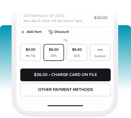 Payment screen showing a gel manicure appointment costing $30 with tip options and a charge card on file for $36 total.