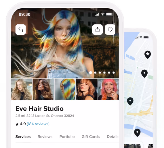 Mobile app screen showing Eve Hair Studio profile with a colorful-haired woman, 4.9 rating from 140 reviews, and option to book a $40 women's haircut.