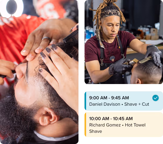 Professional barbers providing grooming services including shaves and haircuts, alongside a digital appointment schedule showing booked slots with clients Daniel Davison and Richard Gomez.