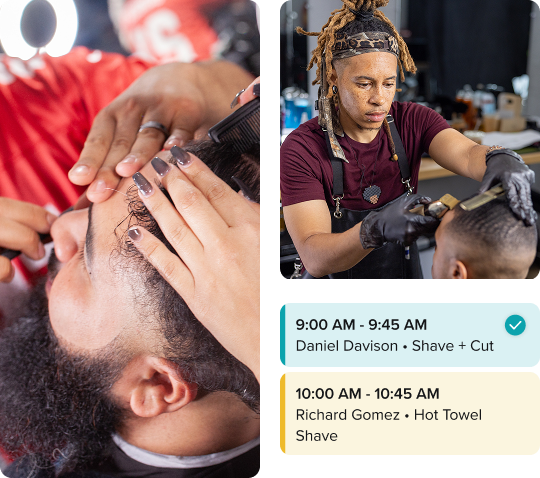 Professional barbers providing grooming services including shaves and haircuts, alongside a digital appointment schedule showing booked slots with clients Daniel Davison and Richard Gomez.