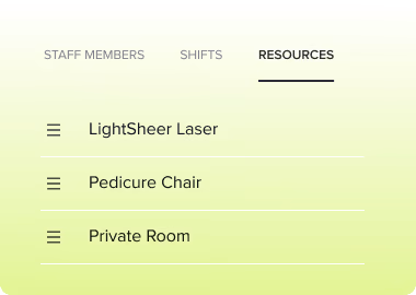 User interface section labeled Resources listing LightSheer Laser, Pedicure Chair, and Private room with menu icons.