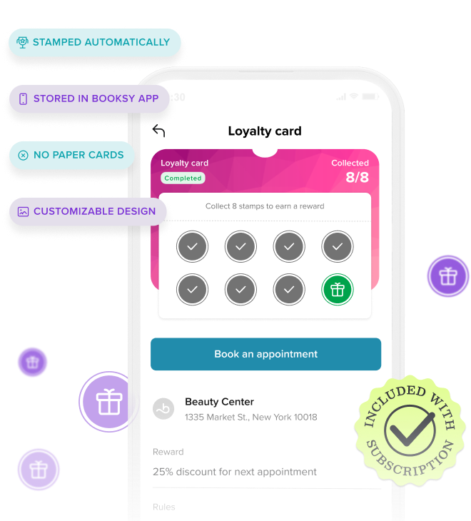 Hand holding smartphone displaying a completed digital loyalty card with 8 stamps and options to book an appointment at a beauty center, alongside icons highlighting automatic stamping, app storage, no paper cards, customizable design, and subscription inclusion.