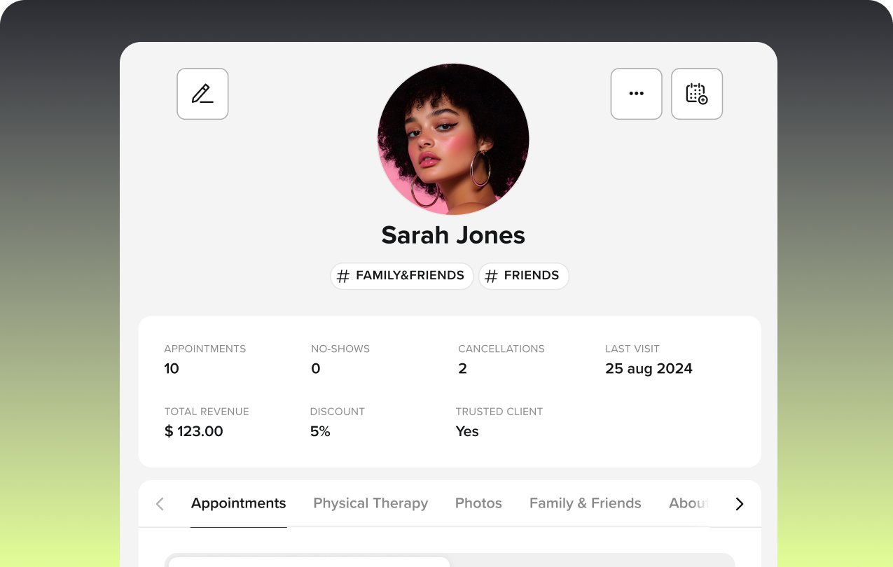 User profile interface showing Sarah Jones with photo, tags Family & Friends, 10 appointments, $123 revenue, and last visit on 25 Aug 2024.