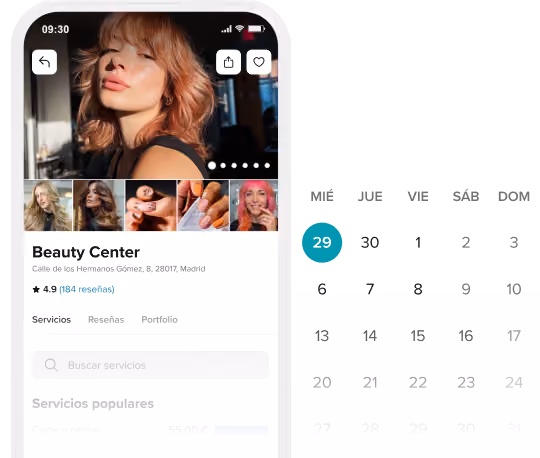 Mobile app screen showing Eve Hair Studio profile with a woman's face, rating 4.9, service prices, and an adjacent calendar highlighting the 29th.