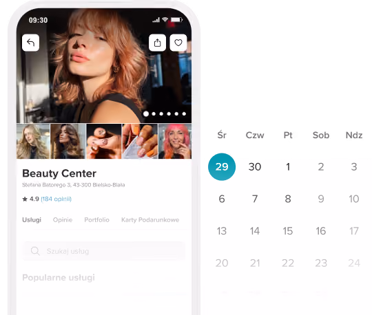 Mobile app interface showing a hair salon profile with photos, ratings, pricing for women's haircut, and a calendar highlighting the 29th.