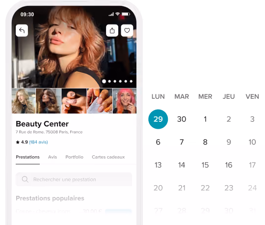 Mobile app interface showing beauty studio profile with customer rating, photo gallery, service pricing, and a calendar highlighting the 29th.