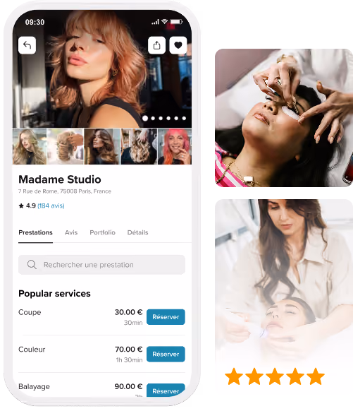 Smartphone screen showing Madame Studio nail salon with prices and booking options, alongside close-ups of colorful manicured nails with glitter and pastel shades.
