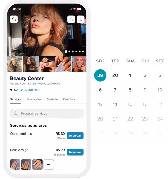 Tela do aplicativo móvel de reservas mostrando o salão de cabeleireiro Estúdio de Cabelo Eve com fotos, lista de serviços incluindo corte de cabelo feminino curto por R$50 e secado com secador por R$120 e um calendário destacando 29 de setembro.