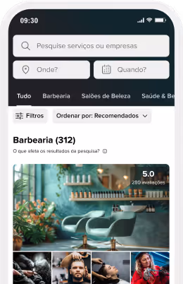 Tela do aplicativo móvel mostrando filtros de pesquisa e listas de barbearias com imagens e uma classificação de 5,0 de 200 avaliações.