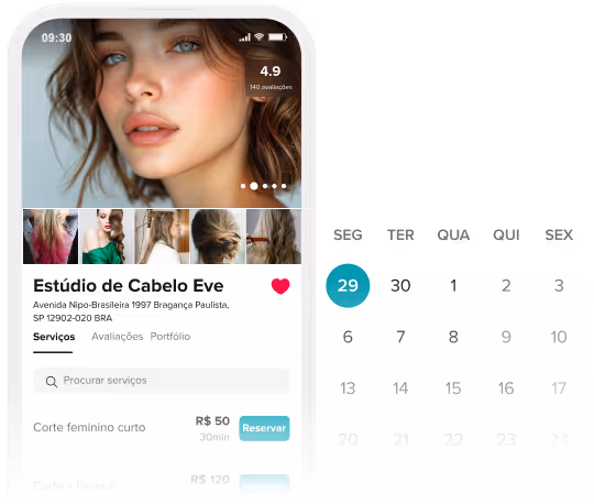 Tela móvel mostrando um aplicativo de reserva de salão de cabeleireiro com o retrato de uma mulher, detalhes do salão, lista de serviços e um calendário destacando o dia 29.