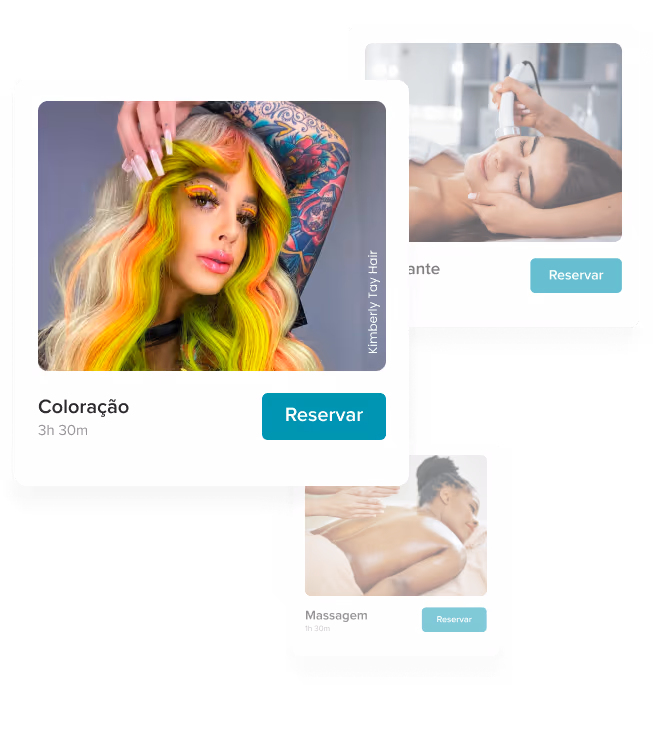 Três cartões de serviço mostrando uma mulher com cabelos cor de neon para colorir o cabelo, uma mulher recebendo um tratamento facial e uma pessoa recebendo uma massagem nas costas.