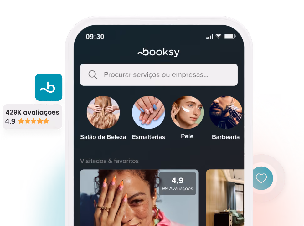 Interface de aplicativo móvel no telefone mostrando a barra de pesquisa do Booksy, categorias de serviços com imagens para salões de beleza, salões de manicure, cuidados com a pele, barbearia e avaliações de usuários com 4,9 estrelas.