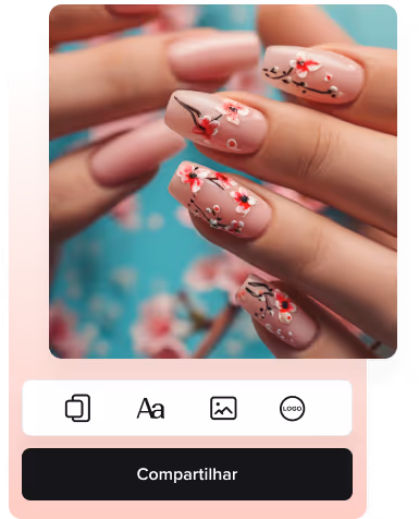 Close-up de unhas bem cuidadas com esmalte rosa e delicada arte floral de unhas com pequenas flores vermelhas e brancas.