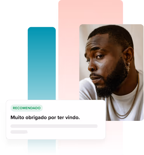 Retrato de um homem atencioso com brincos, barba e colar de corrente contra um fundo abstrato rosa e azul-petróleo com um balão de fala branco contendo texto em português.