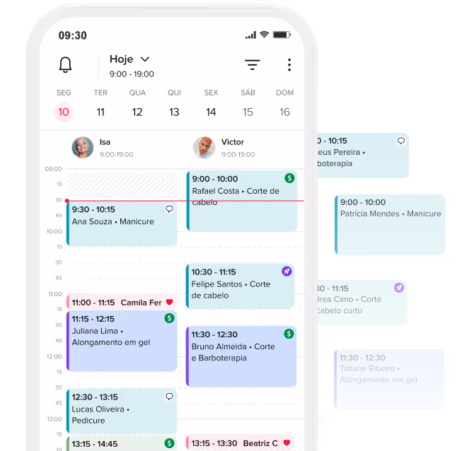 Tela do aplicativo de calendário móvel mostrando uma agenda com consultas para Isa e Victor na segunda-feira, dia 10, incluindo serviços como manicure, corte de cabelo, extensão de gel e pedicure com horários e nomes de clientes.