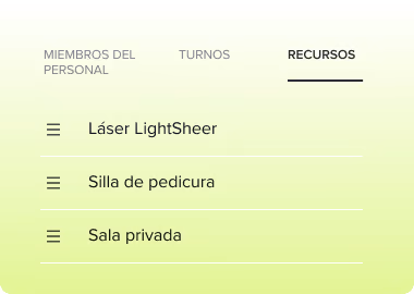 Menu with three resource options listed under 'RECURSOS': Láser LightSheer, Silla de pedicura, and Sala privada.