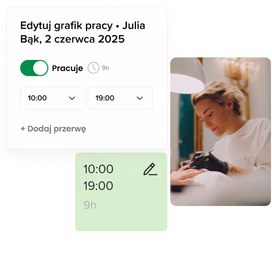 Interfejs harmonogramu pracy w języku polskim pokazujący zmianę Julii Bąk w dniu 2 czerwca 2025 r., od 10:00 do 19:00 z przełącznikiem wskazującym 'praca' oraz zdjęciem kobiety wykonującej manicure.