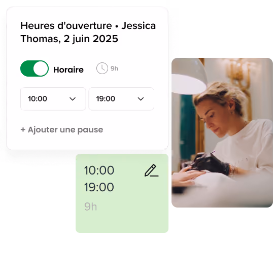 Interface utilisateur montrant la planification des heures de travail de Jessica Thomas le 2 juin 2025, à côté d'une photo d'une femme effectuant une manucure avec des gants violets.